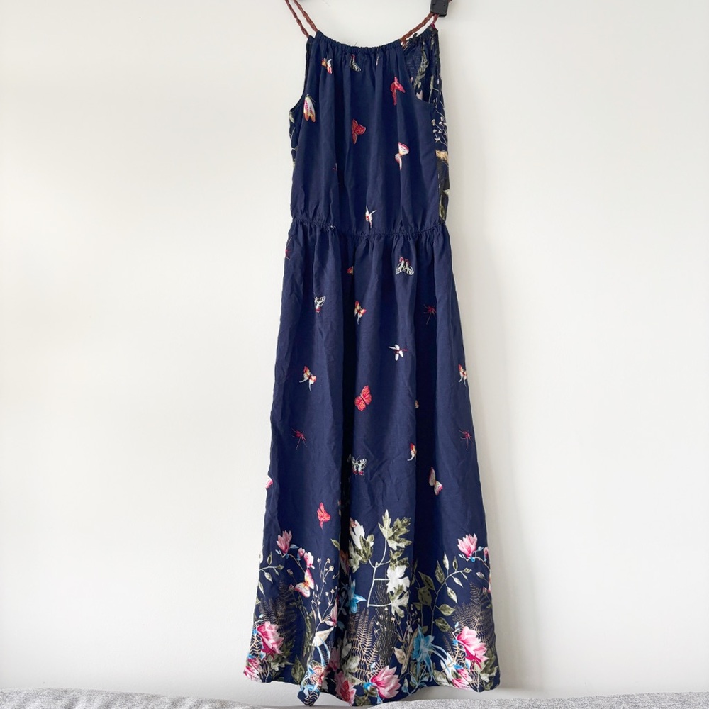 2/$10 Navy Floral Maxi dress with Butterfly Print Summer Beach spaghetti strap